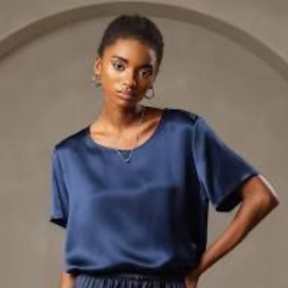 Melissa Nepton Navy Blue Satin Tee With Drawstring Waist Size XS Top - Picture 2 of 9